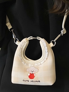 Chic dog embroidery bucket bag with lace trim and beige checkered pattern for women