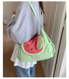Detail showing watermelon-themed green canvas shoulder bag with plush charm and embroidery