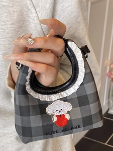 Cute checkerboard bucket bag with puppy embroidery and ruffled ring handle