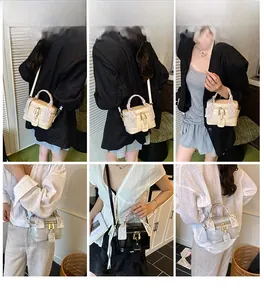 Collage showing versatile mini box bag with scarf-wrapped handle and metal lock