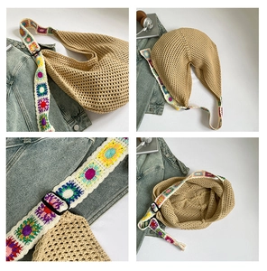 Détails du sac bandoulière au crochet beige avec sangle brodée de fleurs et maille fine