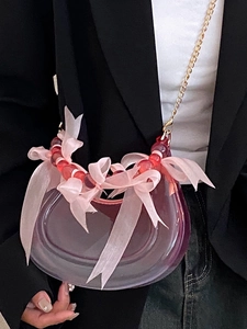 Pink translucent crescent bag with satin bows and beaded chain strap for summer fashion