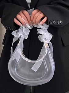 Transparent crescent moon PVC bag with elegant white organza bows on handle for women