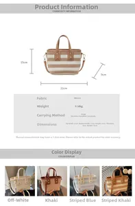 Detail view of woven striped tote bags showing four colors with dimensions and straps