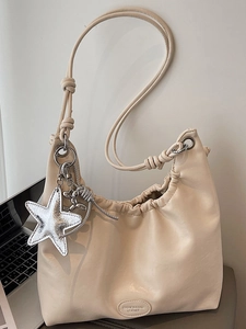 Fashion Pleated Hobo Shoulder Bag for Women PU Leather Large Capacity Underarm Tote Bag with Star Charm and Knotted Strap