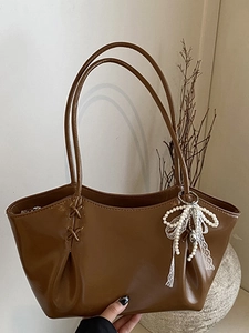 Grand Sac Fourre-Tout en Cuir PU Brillant pour Femmes Sac à Épaule Mode Avec Nœud en Dentelle et Künstliche Perles pour le Bureau
