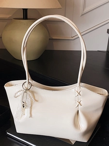 Sac fourre-tout blanc crème à grande capacité avec charm de perle et nœud élégant