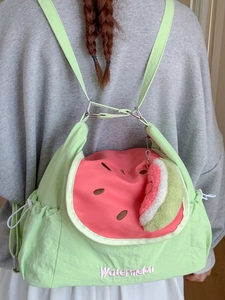 Japanese style green watermelon theme backpack with cute plush charm and embroidery