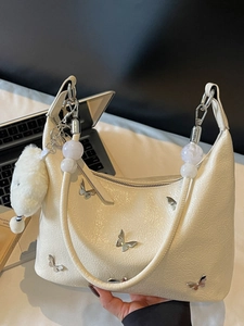 Sac à Épaule en Cuir PU avec Décoration Papillon pour Femmes Sac Hobo Tendance avec Pendentif en Peluche Nuage Casual
