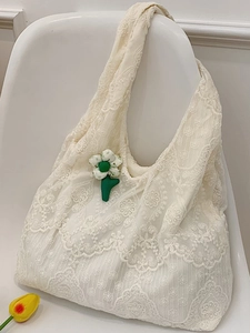 Women Korean Style Lace Floral Tote Bag Large Capacity Shoulder Bag Minimalist Commute Underarm Bag With Flower Pendant