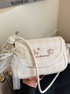 Women Checkered PU Leather Shoulder Bag Sweet Heart Star Embroidery Small Square Underarm Bag With Artificial Pearl Lace Bow Charm