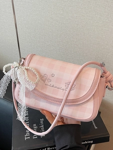 Pink checkered crossbody bag with lace pearl bow charm and heart embroidery details