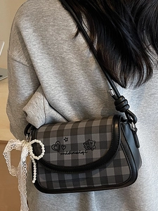 Fashionable grey plaid crossbody bag with embroidery, lace bow, and pearl charm detail