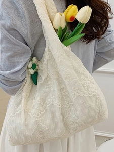 Elegant white lace floral canvas tote bag with embroidery details and large capacity