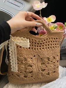 Sac à Épaule Ajouré au Crochet Fait à la Main Femme Nœud en Dentelle Été Plage Sac Tissé Beige Khaki Sac à Main Mode