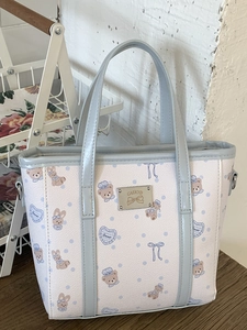 Chic light blue and pink bucket bag with cartoon bear prints and heart patterns