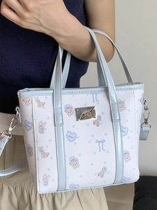 Fashionable white leather bucket bag with cute cartoon prints and blue handles for women