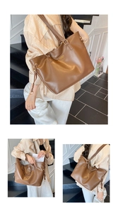 Detailed close-up views of a large brown PU leather tote bag with gold metal logo accents