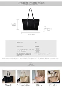 Tableau des tailles détaillé pour le sac cabas en similicuir PU de 26 cm de haut et 43 cm de large