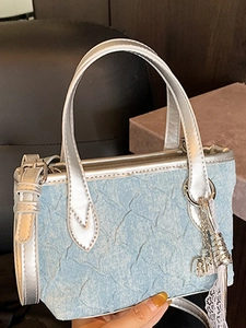 Women Fashion Small Square PU Denim Handbag Pleated Shoulder Crossbody Bag With Metallic Fringe Lace Charm Elegant Niche Bag