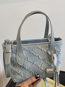 Chic light blue denim texture small square handbag with diamond pleats and crossbody strap