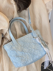 Sky blue pleated handbag with lace ribbon and crossbody strap for women