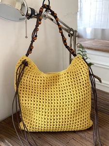 Sac à Bandoulière Tricoté Bohème pour Femmes Sac Cabas en Maille Ajourée Avec Perles en Bois Sac de Plage Été Décontracté