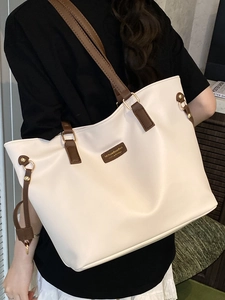 Minimalist white PU leather tote bag with brown straps for women, large capacity shoulder bag