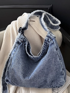 Sac à Épaule Hobo en Denim Vintage pour Femmes Sac Tote Grande Capacité Avec Bords Effilochés Sac Bandoulière en Denim Lavé Main Décontracté