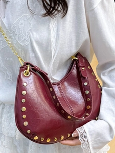 Retro burgundy crescent bag with studs and gold chain, 2025 summer underarm bucket bag