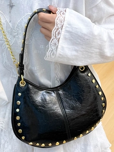 Vintage black hobo shoulder bag with gold rivets and metallic chain strap for women