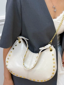 Retro cream white crescent bucket bag with gold rivets and chain strap for women