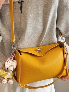 Yellow faux leather crossbody bag with lychee pattern and cute teddy bear charm