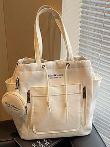Women Fashion Canvas Tote Bag Large Capacity Shoulder Bag With Mini Coin Purse Drawstring Simple Commuting School Bag