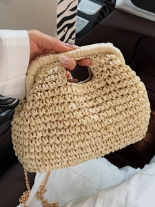 Sac à Épaule en Paille Tissée pour Femmes Sac à Main de Plage Été Couleur Unie Minimaliste Sac Nuage Avec Chaîne en Métal