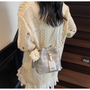 Silver-grey bucket bag with plaid fabric, leather strap and cute plush sheep charm