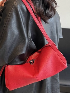 Red lychee textured leather baguette shoulder bag with silver hardware for women