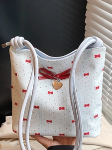 Women PU Leather Bowknot Shoulder Bag Sweet Butterfly Print Heart Pendant Artificial Pearl Decor Underarm Bucket Bag