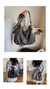 Detailed view of grey tote bag with Banatu logo and cute cartoon character pendant