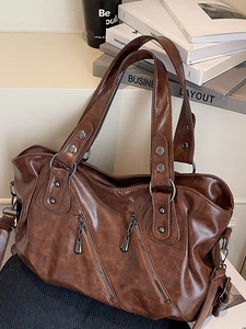 Grande borsa da viaggio vintage marrone da donna con cerniere e tracolla regolabile