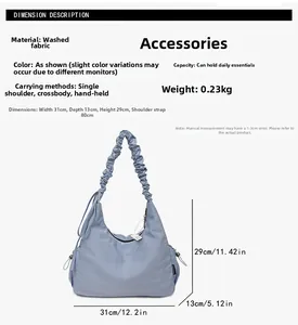 Detailed spec sheet for washed blue canvas handbag showing 31x13x29cm dimensions and strap