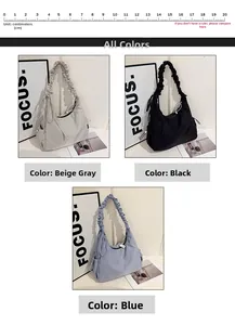 Three-grid layout showing beige, black, and blue ruched hobo bags with 20cm scale ruler