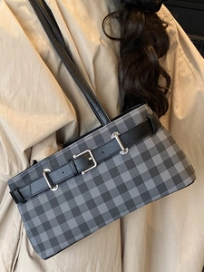 Classic black and grey plaid shoulder bag with leather belt detail and silver buckle