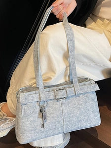 Fashionable grey textured shoulder bag with chic key pendant and metallic belt buckle detail