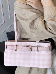 Pink checkered underarm shoulder bag with leather strap for casual women fashion