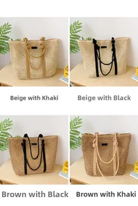 Detail of hand-woven summer tote bags in four color options with knotted rope handles