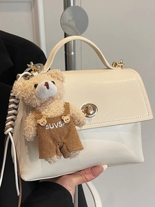 Fashion Women PU Leather Small Square Bag Minimalist Shoulder Crossbody Bag With Plush Bear Pendant Metal Buckle Summer Handbag