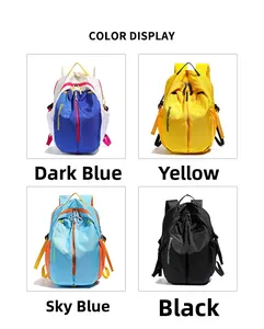 Color display of durable nylon outdoor backpacks in navy, yellow, blue, and black