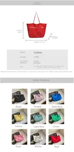 Detailed technical chart showing canvas tote bag dimensions and multi-color options available