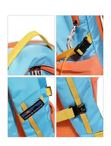 Detail view of colorful backpack features like handle, buckle, zippers, and twill fabric